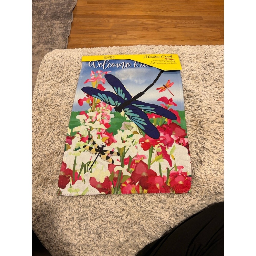 Meadow Creek Garden Flag Unisex‎ 12.5x18 Multicolor New Dragonfly Floral Welcome